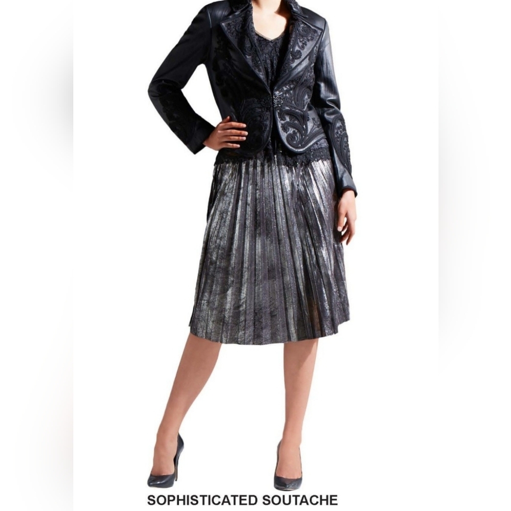 Peter Nygard Metallic Pleated Skirt Silver Black Midi Skirt Shiny Size S